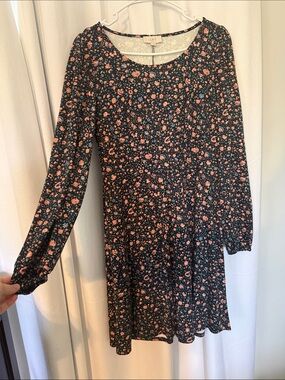 LOFT Navy Dress with Pink Floral Print - Long Sleeve Casual